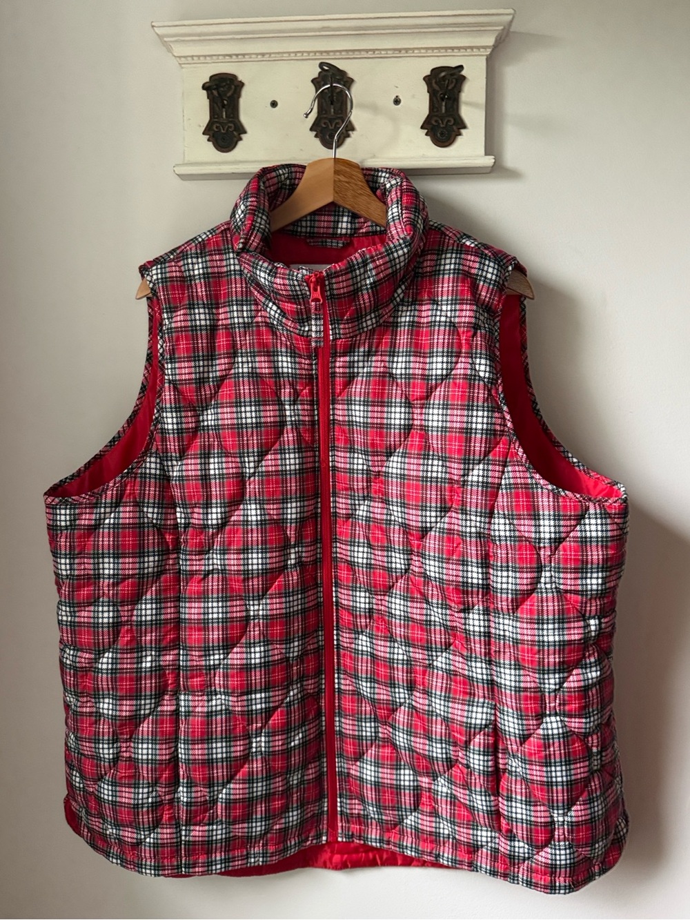 Lands' End Red and Black Quilted Plaid Vest Plus Casual Lightweight Puffed